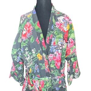 Vintage Royal Silk 100% Cotton Floral Print Kimono Lounge Black Robe Belted M